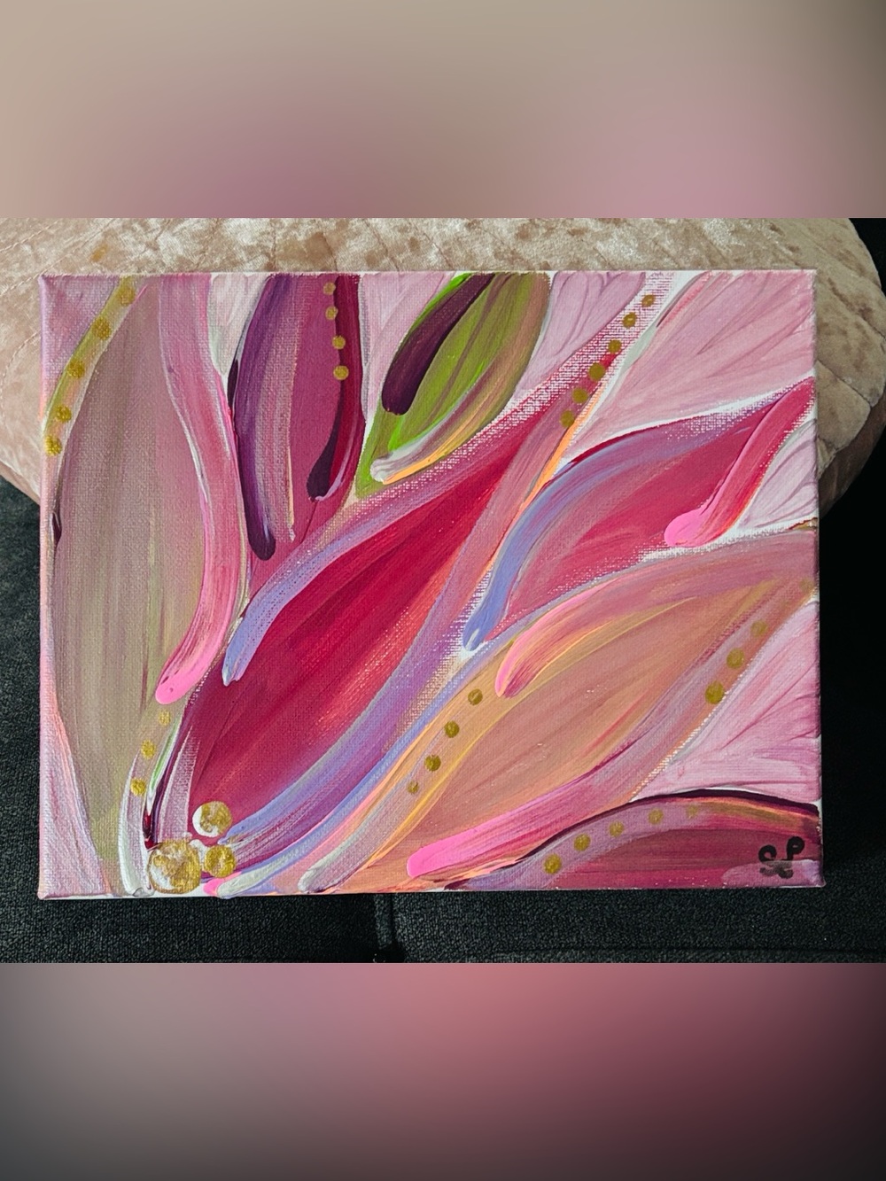 Mauve Lily - Floral Wave Canvas Art - Pink, Mauve & Green - hand painted